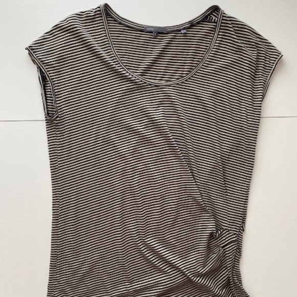 VINCE Pima Cotton Cap Sleeve Ruched Tee Black and Tan Stripes Size M - Picture 3 of 10